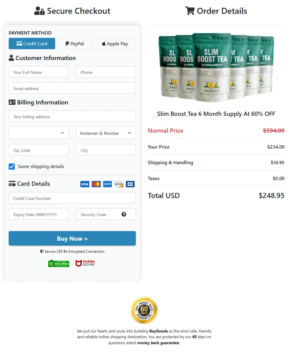 Slim Boost Tea supplement Bottle order form